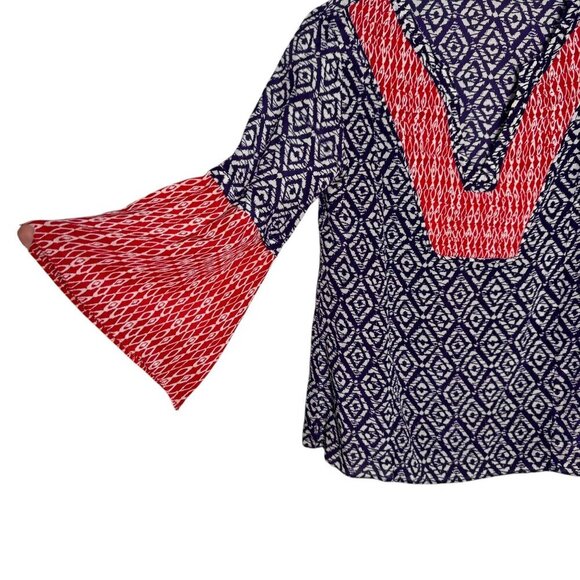 ViX Paula Hermanny Tunic Top size small Red Purple silk v-neck 3/4 bell sleeve - Picture 3 of 9